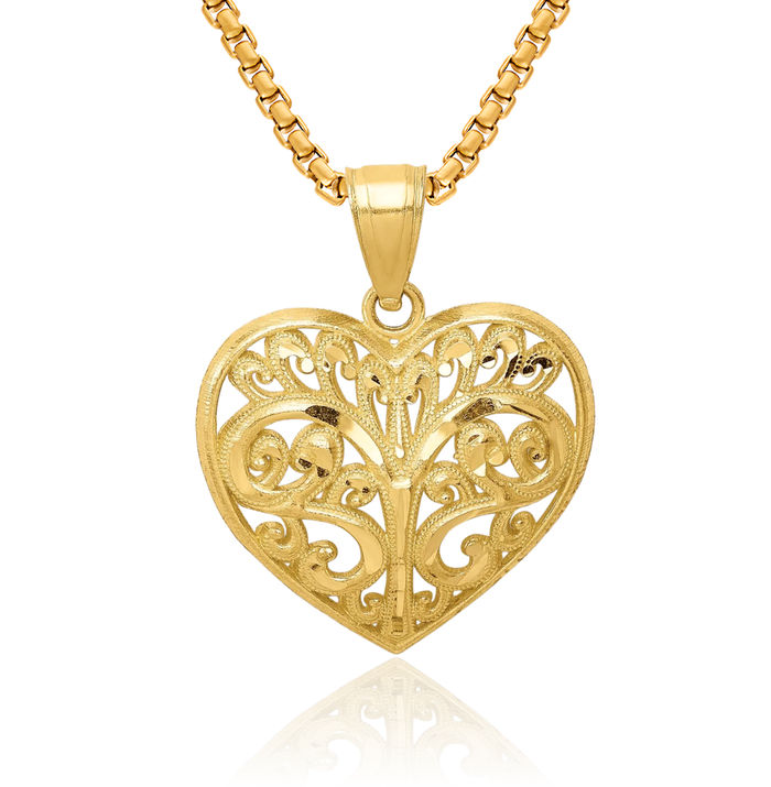 10K Solid Yellow Gold Antique Filigree Heart Necklace Love Pendant Charm