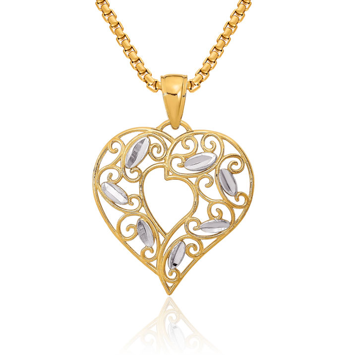 10K Solid Yellow Gold Antique Filigree Heart Necklace Love Pendant Charm