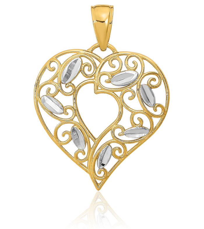 10K Solid Yellow Gold Antique Filigree Heart Necklace Love Pendant Charm