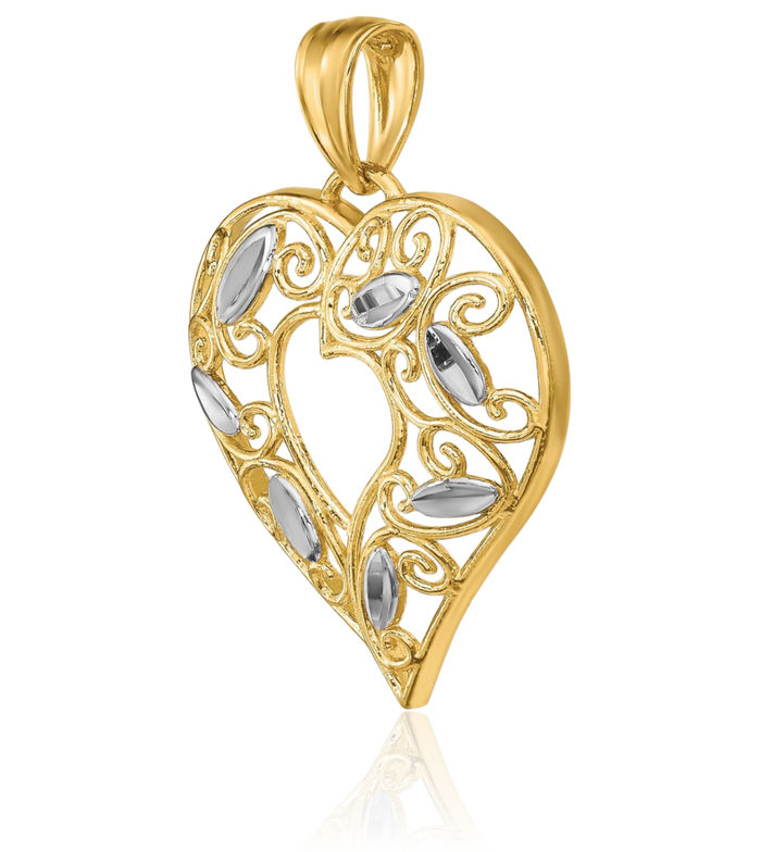 10K Solid Yellow Gold Antique Filigree Heart Necklace Love Pendant Charm