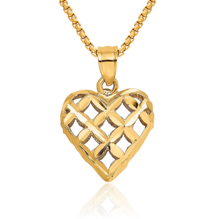 10K Solid Yellow Gold Antique Filigree Heart Necklace Love Pendant Charm