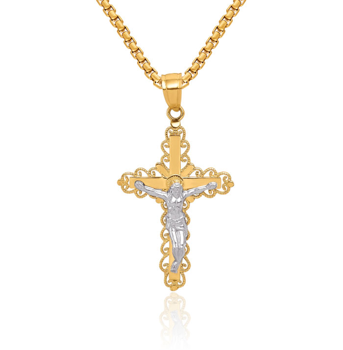 10K Solid Yellow Gold Antique Filigree Lord Jesus Christ Crucifix Holy Cross Necklace Religious Chain Pendant Charm