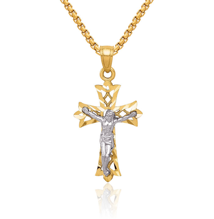 10K Solid Yellow Gold Antique Filigree Lord Jesus Christ Crucifix Holy Cross Necklace Religious Chain Pendant Charm