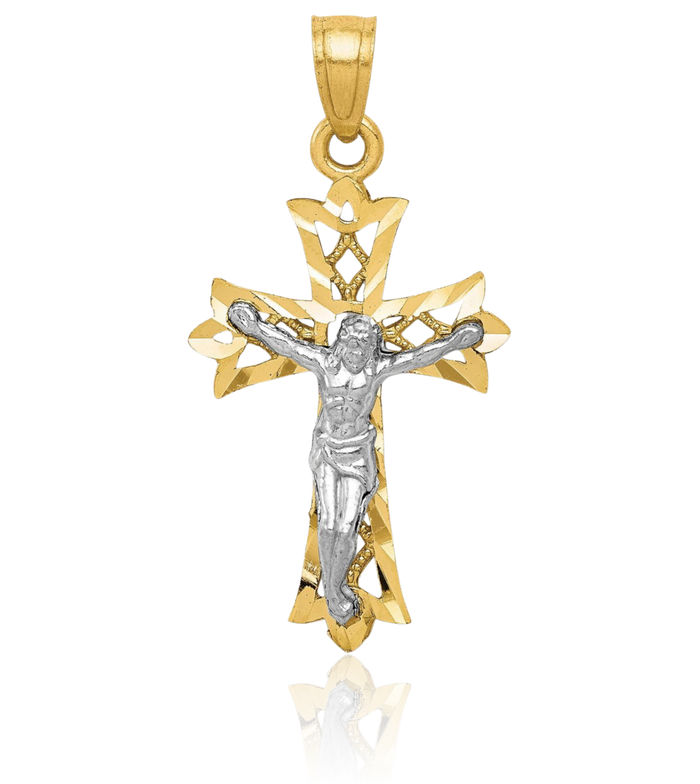 10K Solid Yellow Gold Antique Filigree Lord Jesus Christ Crucifix Holy Cross Necklace Religious Chain Pendant Charm