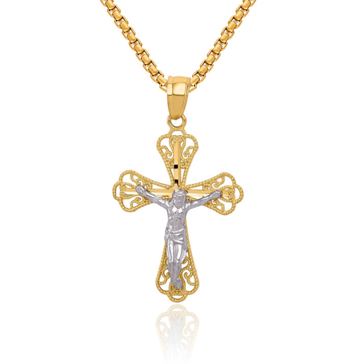 10K Solid Yellow Gold Antique Filigree Lord Jesus Christ Crucifix Holy Cross Necklace Religious Chain Pendant Charm