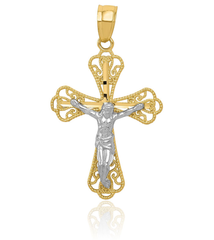 10K Solid Yellow Gold Antique Filigree Lord Jesus Christ Crucifix Holy Cross Necklace Religious Chain Pendant Charm