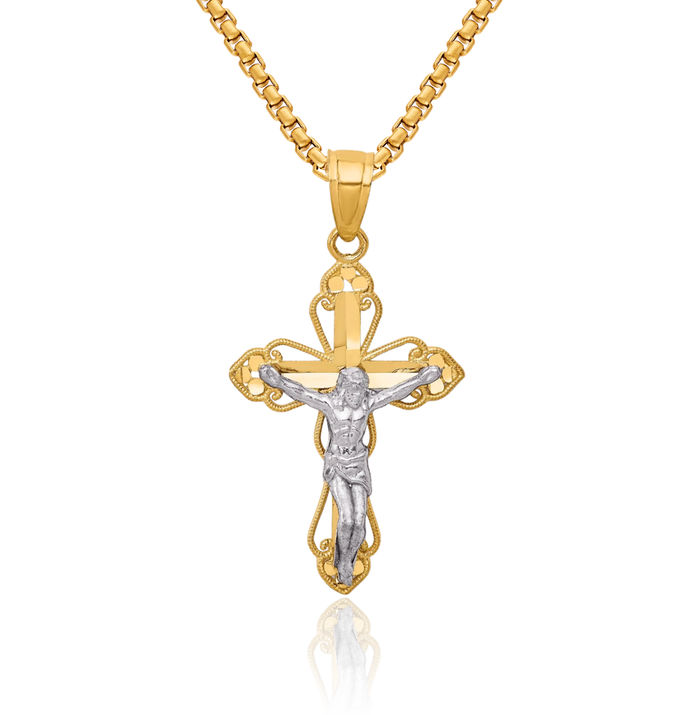 10K Solid Yellow Gold Antique Filigree Lord Jesus Christ Crucifix Holy Cross Necklace Religious Chain Pendant Charm