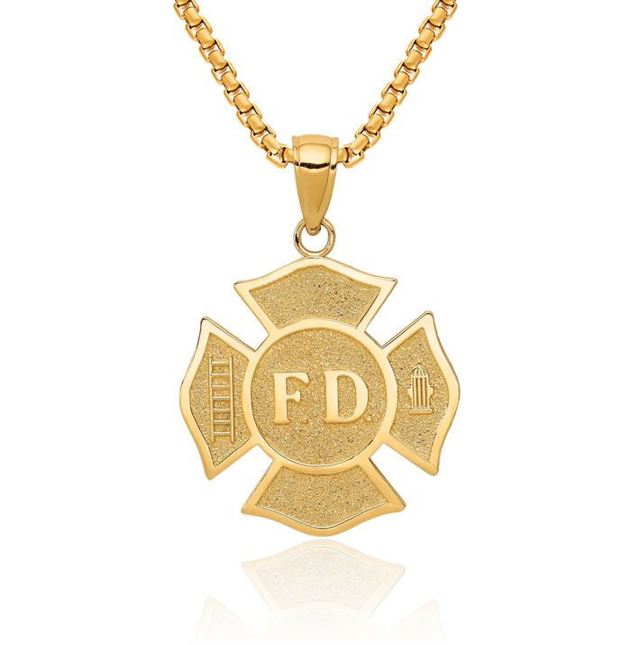 10K Solid Yellow Gold Fire Department FD Maltese Cross Fireman Necklace Religious Chain Pendant Jesus Christ Charm