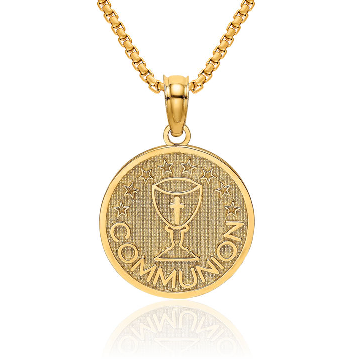 10K Solid Yellow Gold First Holy Communion Cup Round Disc Necklace Chain Pendant Charm