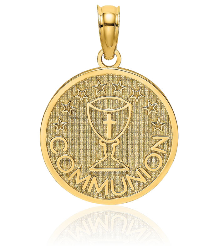 10K Solid Yellow Gold First Holy Communion Cup Round Disc Necklace Chain Pendant Charm