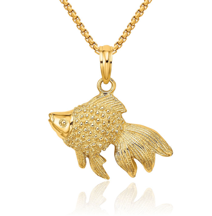 10K Solid Yellow Gold Fish Necklace Chain Pendant Charm