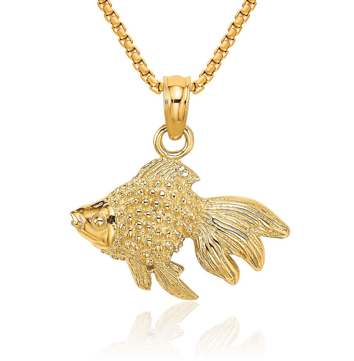 10K Solid Yellow Gold Fish Necklace Chain Pendant Charm