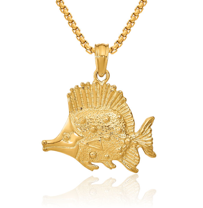 10K Solid Yellow Gold Fish Necklace Chain Pendant Charm