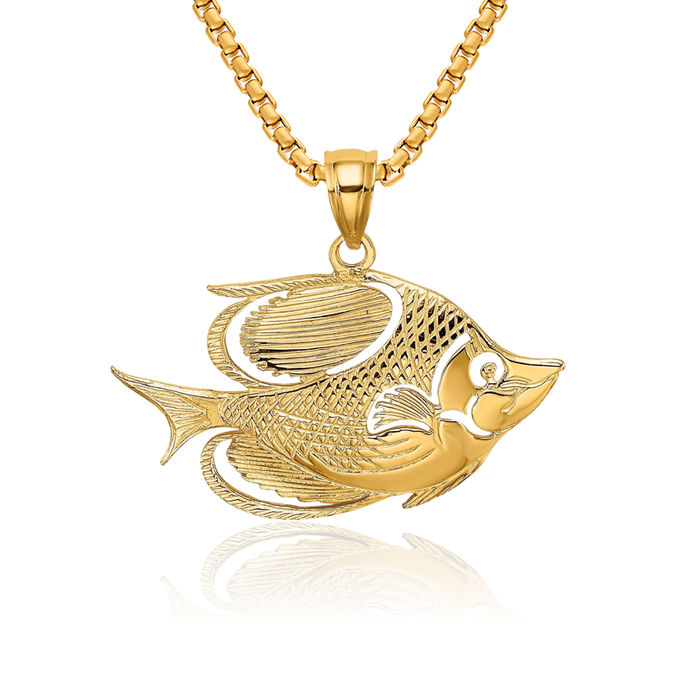 10K Solid Yellow Gold Fish Necklace Chain Pendant Charm