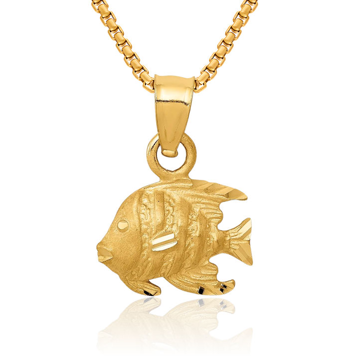 10K Solid Yellow Gold Fish Necklace Chain Pendant Charm