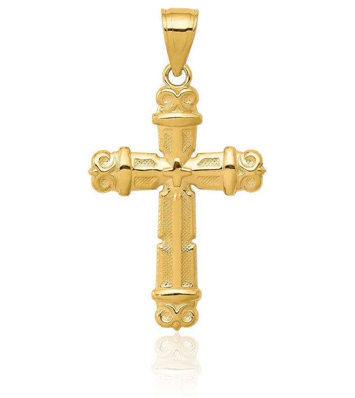 10K Solid Yellow Gold French Fleur De Lis Lily Flower Holy Cross Necklace Religious Chain Pendant Jesus Christ Charm