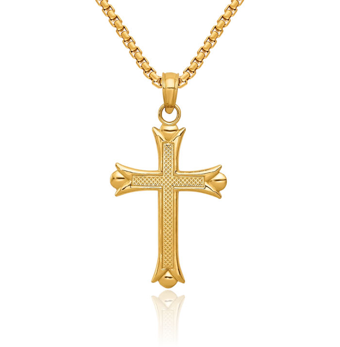10K Solid Yellow Gold French Fleur De Lis Lily Flower Holy Cross Necklace Religious Chain Pendant Jesus Christ Charm