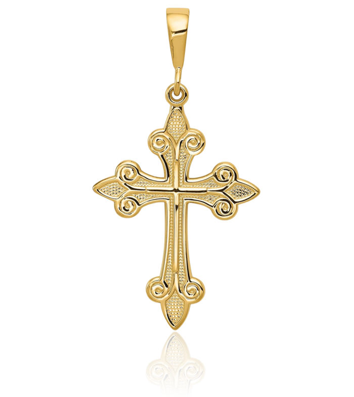 10K Solid Yellow Gold French Fleur De Lis Lily Flower Holy Cross Necklace Religious Chain Pendant Jesus Christ Charm