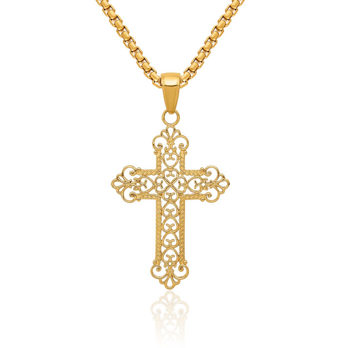 10K Solid Yellow Gold French Fleur De Lis Lily Flower Holy Cross Necklace Religious Chain Pendant Jesus Christ Charm