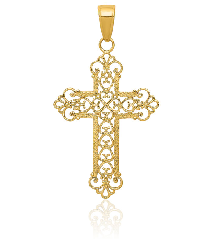 10K Solid Yellow Gold French Fleur De Lis Lily Flower Holy Cross Necklace Religious Chain Pendant Jesus Christ Charm