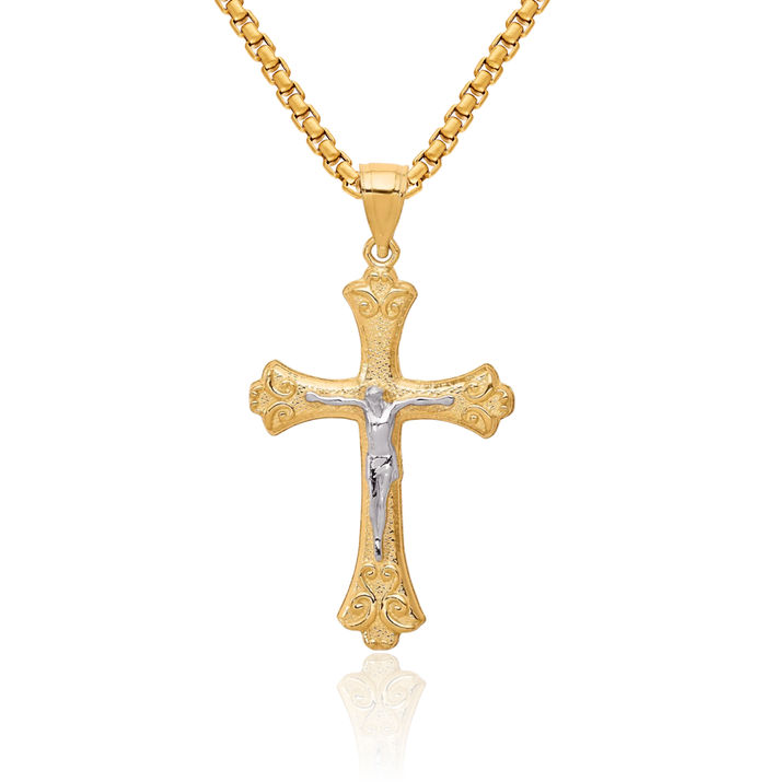 10K Solid Yellow Gold French Fleur De Lis Lily Flower Lord Jesus Christ Crucifix Holy Cross Necklace Religious Chain Pendant Charm