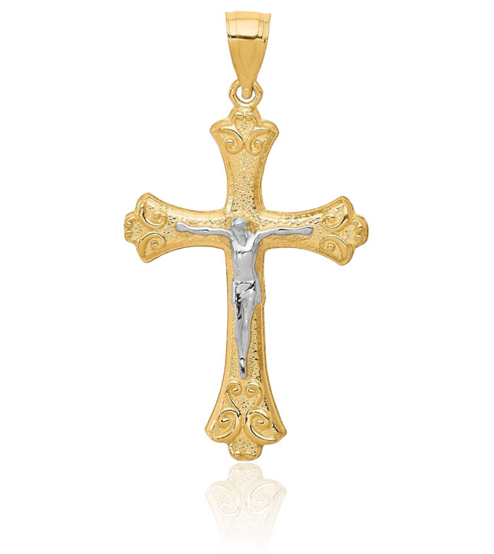 10K Solid Yellow Gold French Fleur De Lis Lily Flower Lord Jesus Christ Crucifix Holy Cross Necklace Religious Chain Pendant Charm