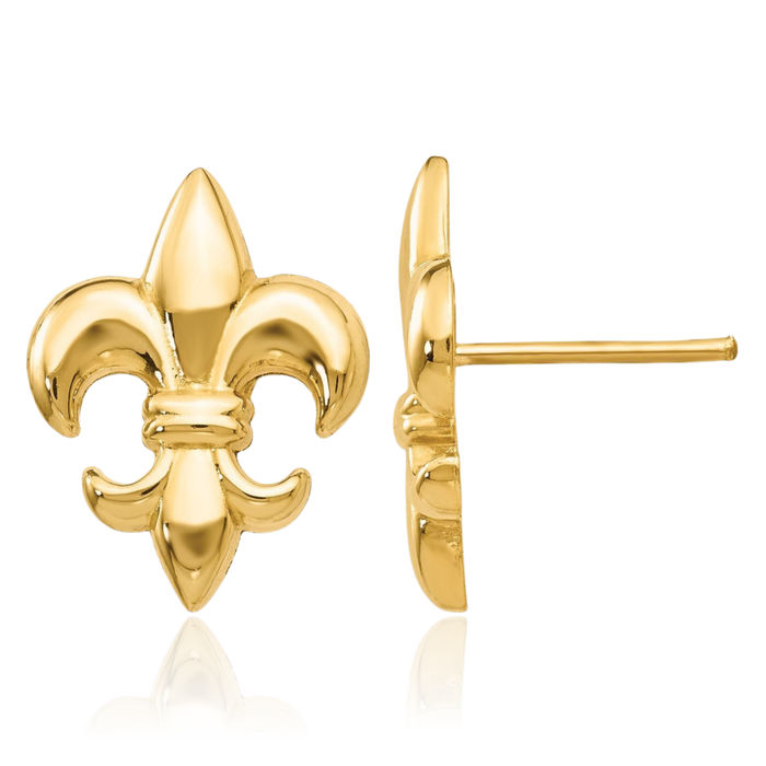 10K Solid Yellow Gold French Fleur De Lis Lily Flower Stud Earrings