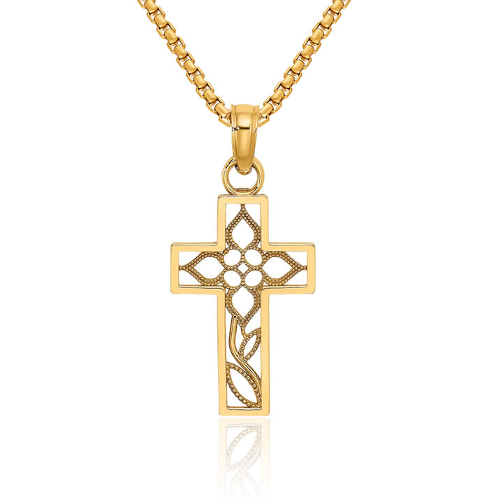 10K Solid Yellow Gold Flower Latin Mexican Holy Cross Necklace Religious Chain Pendant Jesus Christ Charm