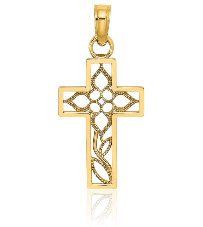 10K Solid Yellow Gold Flower Latin Mexican Holy Cross Necklace Religious Chain Pendant Jesus Christ Charm