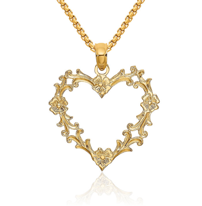 10K Solid Yellow Gold Flower Heart Necklace Love Pendant Charm