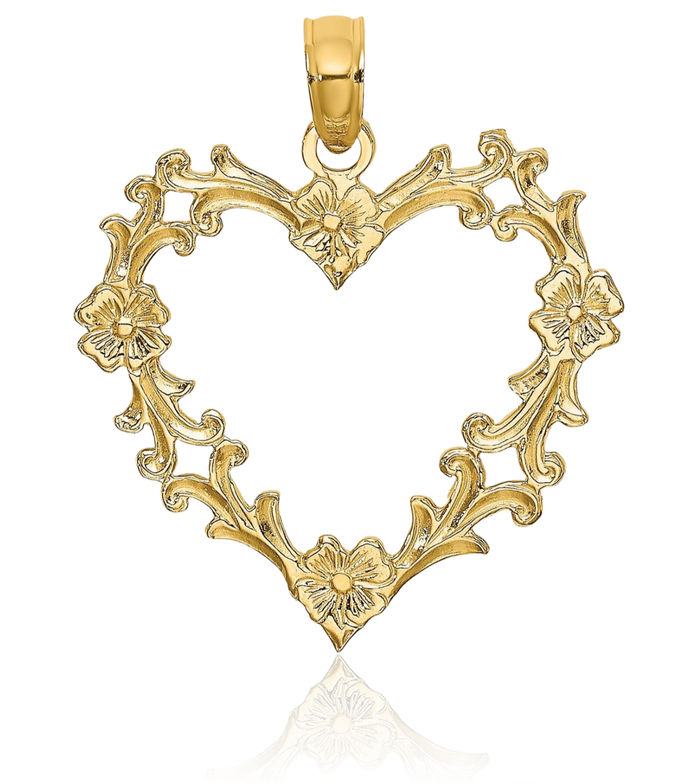 10K Solid Yellow Gold Flower Heart Necklace Love Pendant Charm