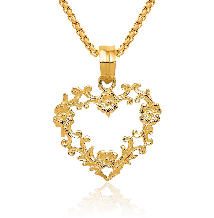 10K Solid Yellow Gold Flower Heart Necklace Love Pendant Charm