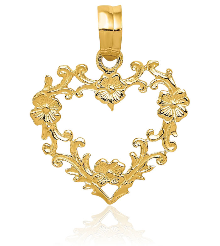 10K Solid Yellow Gold Flower Heart Necklace Love Pendant Charm