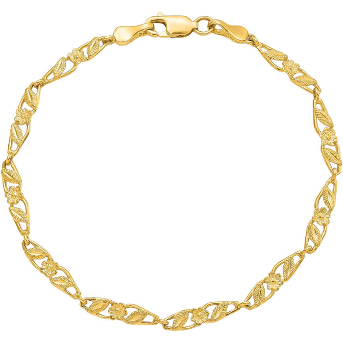 10K Solid Yellow Gold Flower Leaf Chain Charm Bracelet