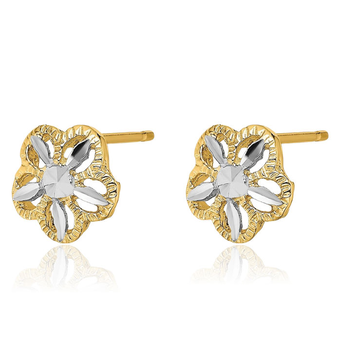 10K Solid Yellow Gold Flower Stud Earrings