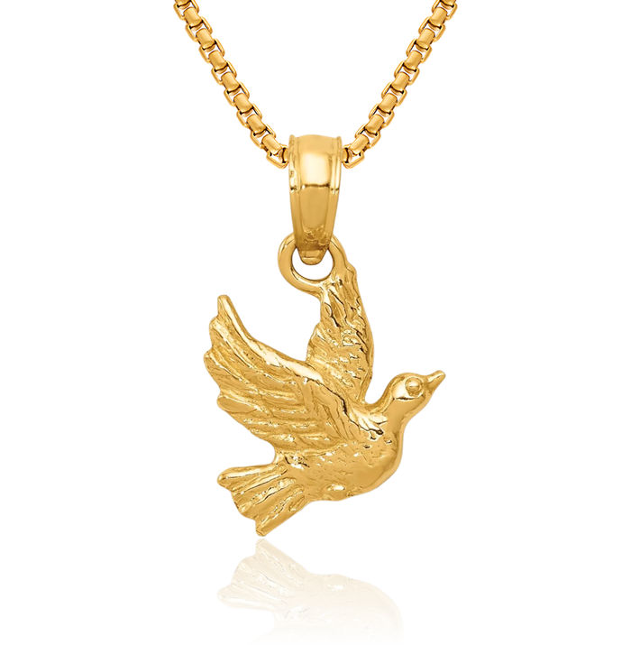 10K Solid Yellow Gold Flying Dove Symbol Peace Love Holy Spirit Necklace Bird Pendant Charm