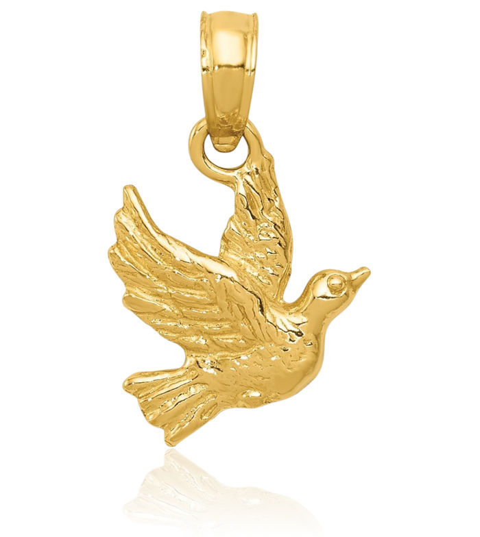 10K Solid Yellow Gold Flying Dove Symbol Peace Love Holy Spirit Necklace Bird Pendant Charm