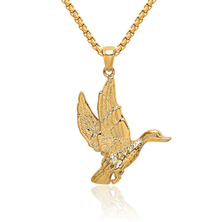 10K Solid Yellow Gold Flying Mallard Duck Good Luck Bird Necklace Chain Pendant Charm