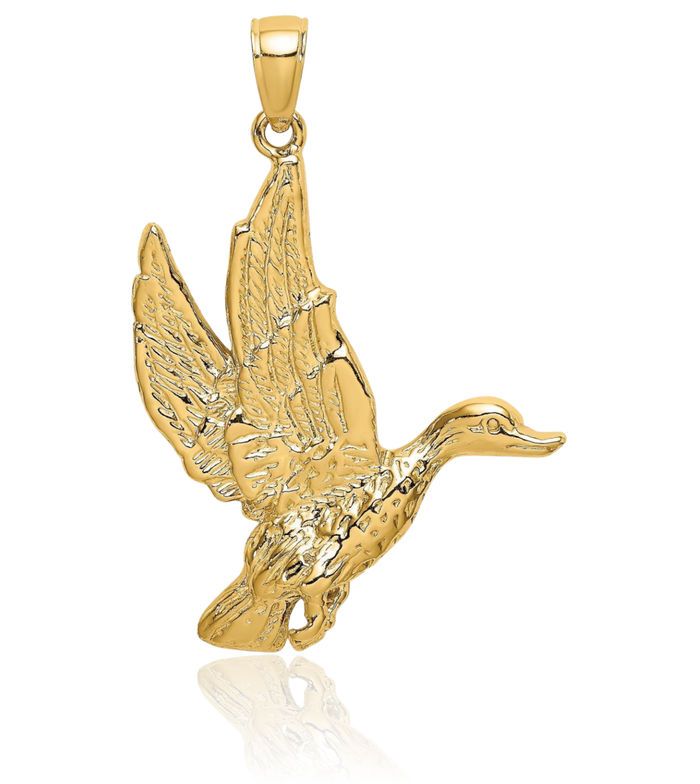 10K Solid Yellow Gold Flying Mallard Duck Good Luck Bird Necklace Chain Pendant Charm