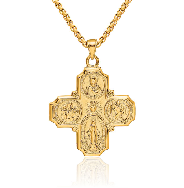 10K Solid Yellow Gold Four Way Holy Cross Religious Medal Necklace Christian Pendant Scapular Charm