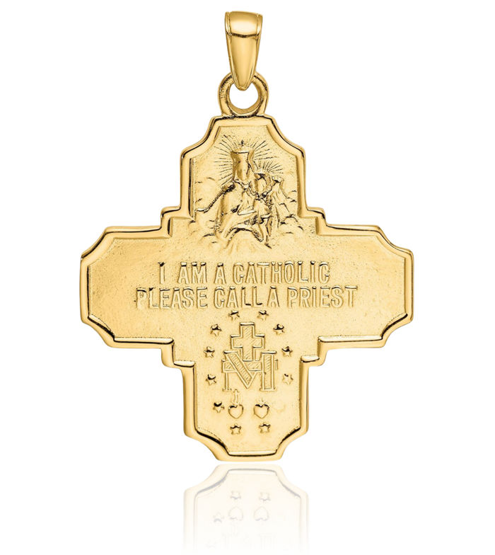 10K Solid Yellow Gold Four Way Holy Cross Religious Medal Necklace Christian Pendant Scapular Charm