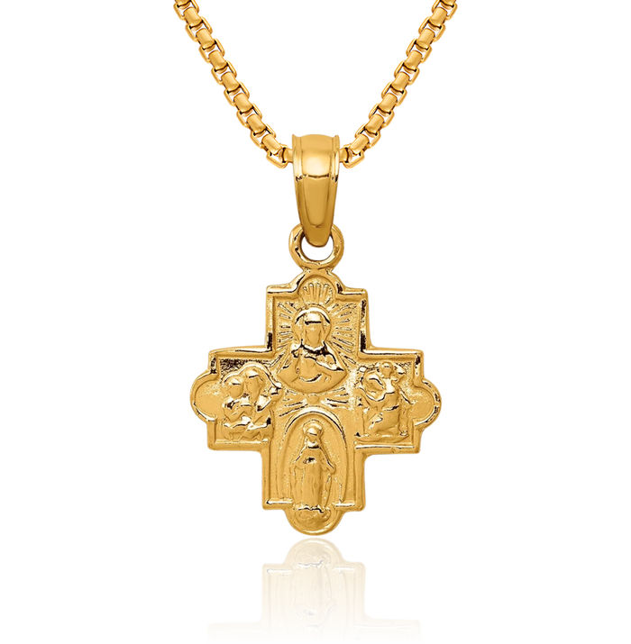 10K Solid Yellow Gold Four Way Holy Cross Religious Medal Necklace Christian Pendant Scapular Charm