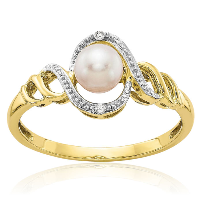 10K Solid Yellow Gold Freshwater Cultured Pearl Diamond Ring June Birthstone Jewelry