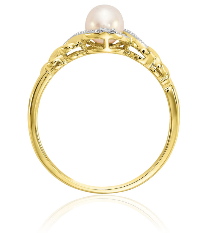 10K Solid Yellow Gold Freshwater Cultured Pearl Diamond Ring June Birthstone Jewelry