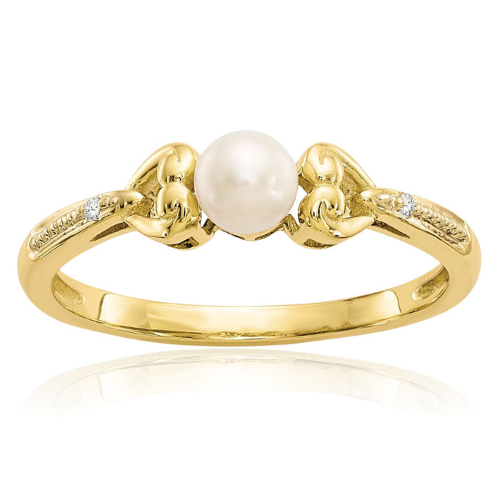 10K Solid Yellow Gold Freshwater Cultured Pearl Diamond Ring June Birthstone Jewelry