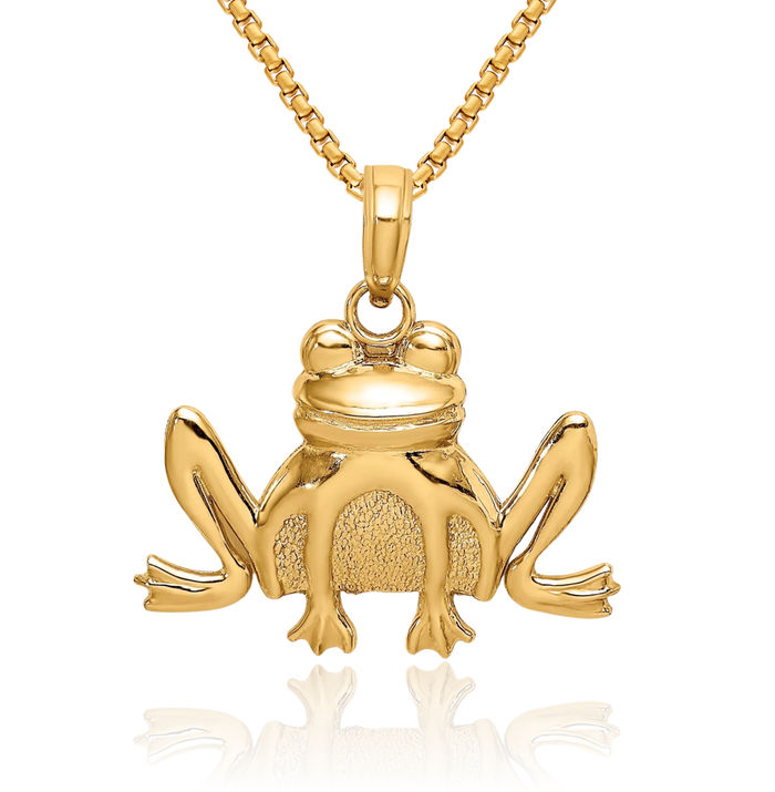 10K Solid Yellow Gold Frog Necklace Chain Pendant Charm
