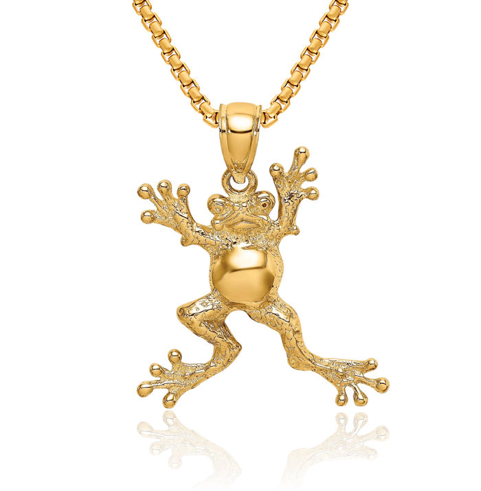 10K Solid Yellow Gold Frog Pot Belly Necklace Chain Pendant Charm