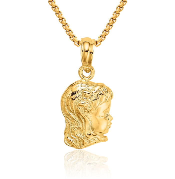 10K Solid Yellow Gold Girl Head Necklace Chain Pendant Charm