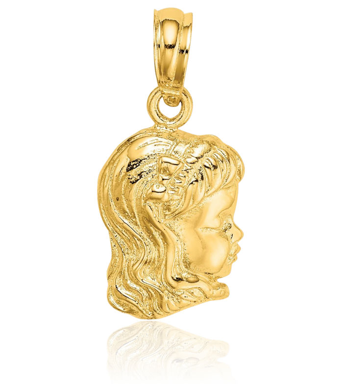 10K Solid Yellow Gold Girl Head Necklace Chain Pendant Charm