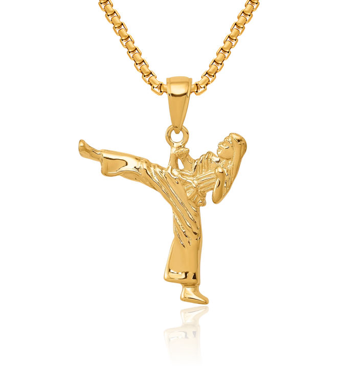 10K Solid Yellow Gold Girl Karate Necklace Boxing Charm Sports Pendant